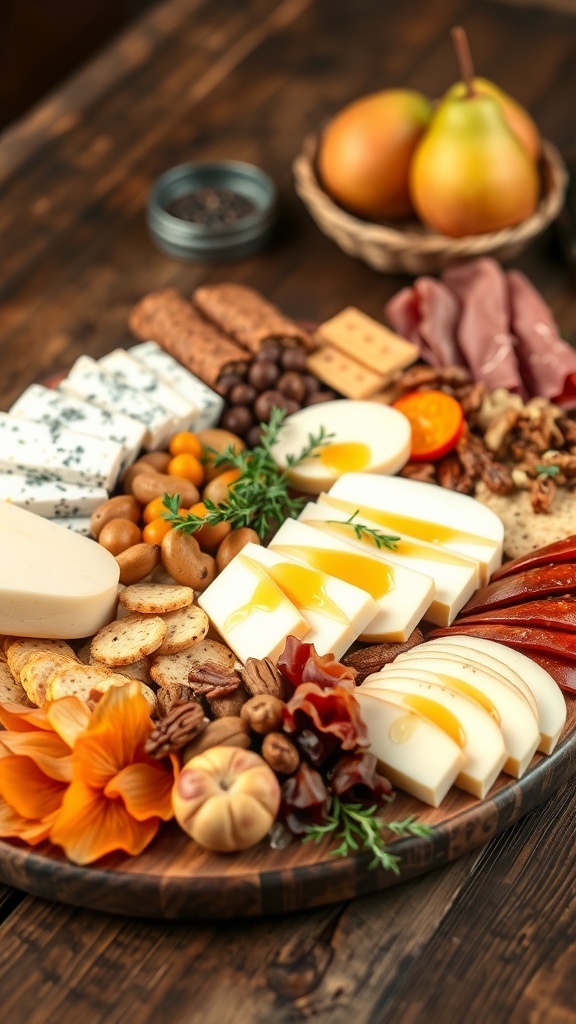 An inviting fall charcuterie board with cheeses, meats, fruits, and nuts, perfect for autumn gatherings.